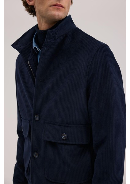 Lacivert Comfort Fit Hakim Yaka Kadife Mont modelleri