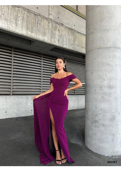 Flowers Esnek Kumaş Askılı Pile Detaylı Yırtmaçlı Abiye Elbise 583283 Mor