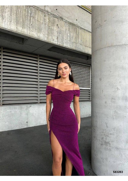 Flowers Esnek Kumaş Askılı Pile Detaylı Yırtmaçlı Abiye Elbise 583283 Mor fiyatları