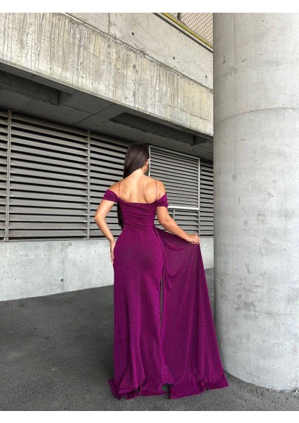 Flowers Esnek Kumaş Askılı Pile Detaylı Yırtmaçlı Abiye Elbise 583283 Mor modelleri