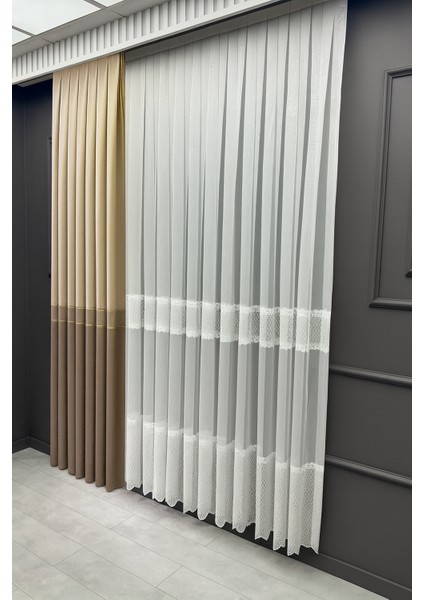 Pano Fon Perde Ekose Şeritli Krem Bej - Gold Sütlü Kahve 1 / 3 Sık Pileli (Tek Kanat) Fon, Perde, fiyatları