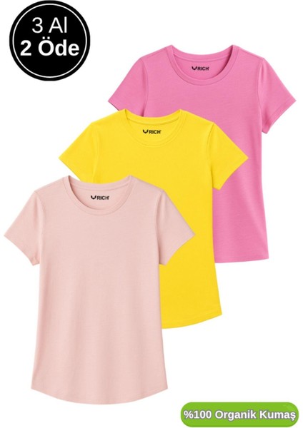 Kadın 3'lü Paket Pudra-Pembe-Sarı %100 Organik Pamuk Normal Kesim Tişört Bisiklet Yaka T-Shirt