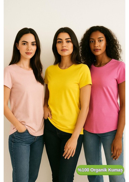 Kadın 3'lü Paket Pudra-Pembe-Sarı %100 Organik Pamuk Normal Kesim Tişört Bisiklet Yaka T-Shirt fiyatları