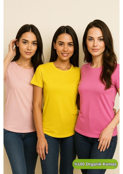 Kadın 3'lü Paket Pudra-Pembe-Sarı %100 Organik Pamuk Normal Kesim Tişört Bisiklet Yaka T-Shirt modelleri