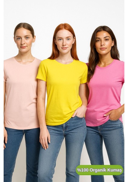 Kadın 3'lü Paket Pudra-Pembe-Sarı %100 Organik Pamuk Normal Kesim Tişört Bisiklet Yaka T-Shirt fırsatları
