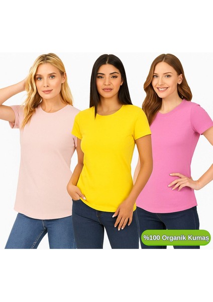 Kadın 3'lü Paket Pudra-Pembe-Sarı %100 Organik Pamuk Normal Kesim Tişört Bisiklet Yaka T-Shirt indirimleri