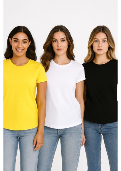 Kadın 3'lü Paket Siyah-Beyaz-Sarı %100 Organik Pamuk Normal Kesim Tişört Bisiklet Yaka T-Shirt fiyatları