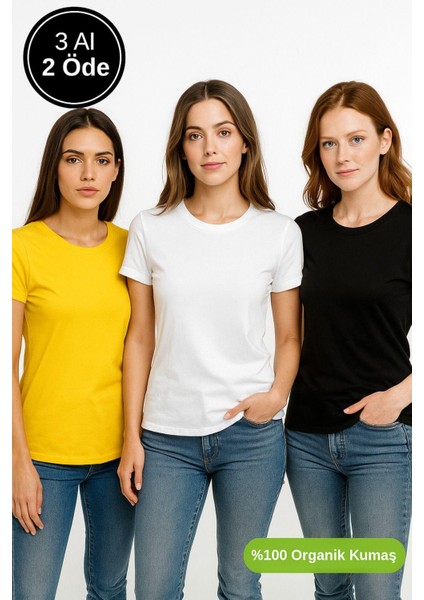 Kadın 3'lü Paket Siyah-Beyaz-Sarı %100 Organik Pamuk Normal Kesim Tişört Bisiklet Yaka T-Shirt modelleri