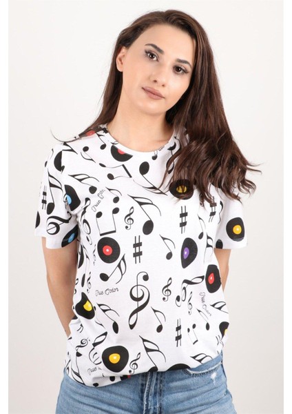 Kadın Baskılı Bisiklet Yaka Oversize T-Shirt