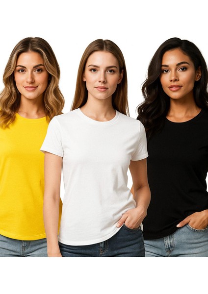 Kadın 3'lü Paket Siyah-Beyaz-Sarı %100 Organik Pamuk Normal Kesim Tişört Bisiklet Yaka T-Shirt fırsatları