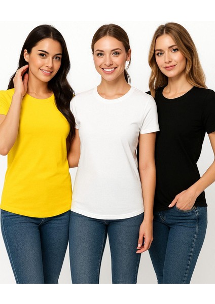Kadın 3'lü Paket Siyah-Beyaz-Sarı %100 Organik Pamuk Normal Kesim Tişört Bisiklet Yaka T-Shirt indirimleri