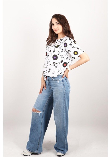 Kadın Baskılı Bisiklet Yaka Oversize T-Shirt modelleri