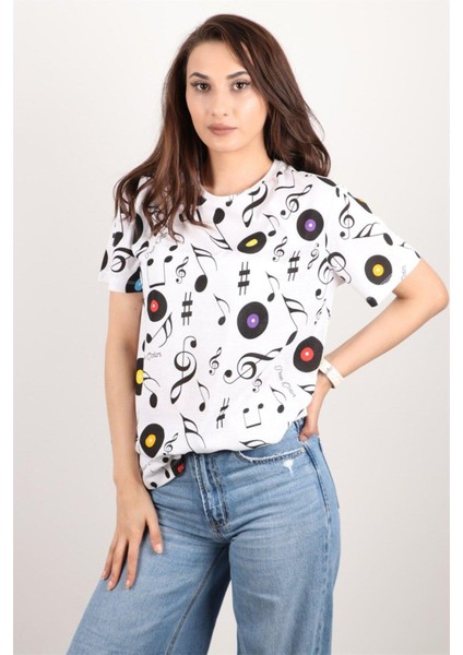 Kadın Baskılı Bisiklet Yaka Oversize T-Shirt indirimleri