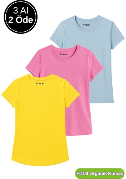 Kadın 3'lü Paket Sarı-Pembe-Mavi %100 Organik Pamuk Normal Kesim Tişört Bisiklet Yaka T-Shirt