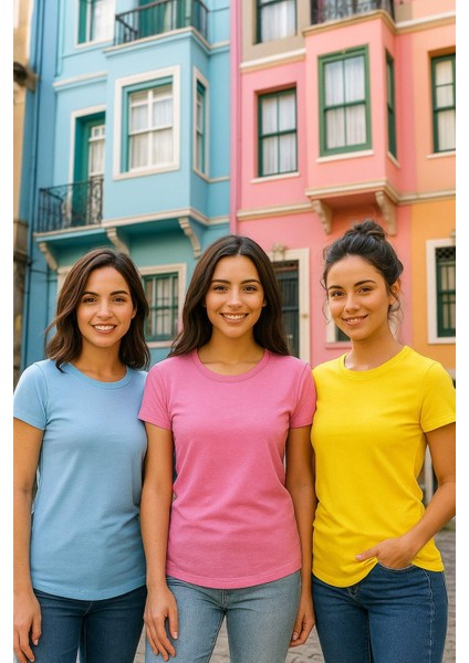 Kadın 3'lü Paket Sarı-Pembe-Mavi %100 Organik Pamuk Normal Kesim Tişört Bisiklet Yaka T-Shirt fiyatları