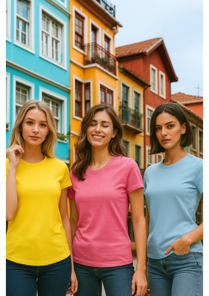 Kadın 3'lü Paket Sarı-Pembe-Mavi %100 Organik Pamuk Normal Kesim Tişört Bisiklet Yaka T-Shirt modelleri