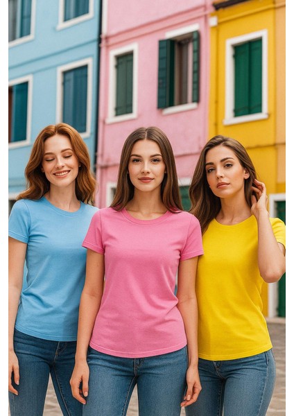Kadın 3'lü Paket Sarı-Pembe-Mavi %100 Organik Pamuk Normal Kesim Tişört Bisiklet Yaka T-Shirt fırsatları