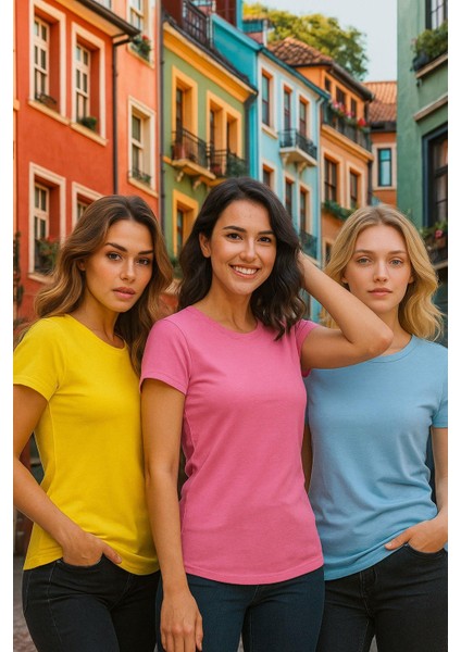Kadın 3'lü Paket Sarı-Pembe-Mavi %100 Organik Pamuk Normal Kesim Tişört Bisiklet Yaka T-Shirt indirimleri