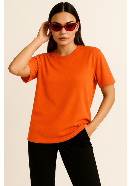 Kadın Kiremit %100 Pamuk Oversize Basic Tişört – Rahat Kalıp Relaxed Bisiklet Yaka T-Shirt modelleri