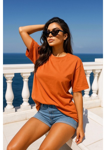Kadın Kiremit %100 Pamuk Oversize Basic Tişört – Rahat Kalıp Relaxed Bisiklet Yaka T-Shirt indirimleri