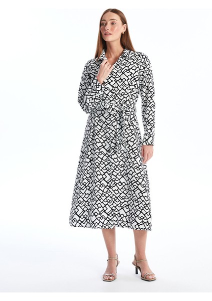 Yeni Sezon Desenli Uzun Kollu Kadın Gömlek Elbise