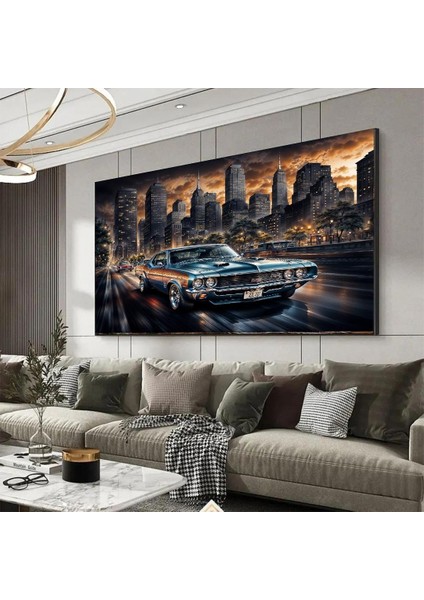 Gecenin Karanlığında Eski Araba Kanvas (Led) Işıklı Tablo
