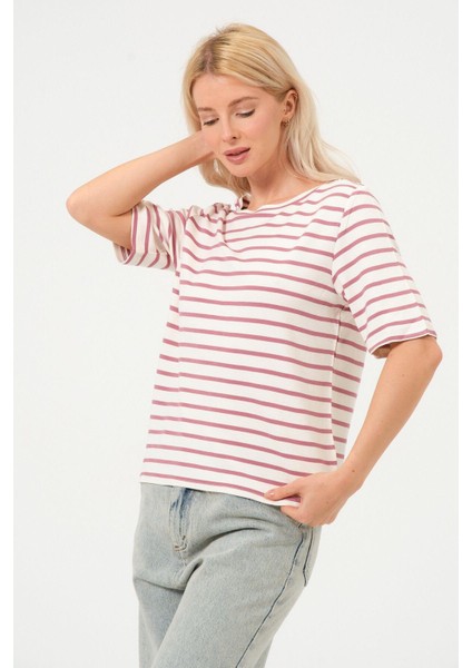 Kadın Çizgili Tişört Oversize T-Shirt