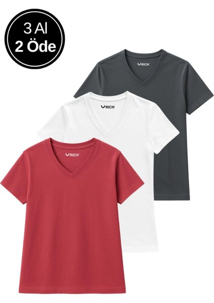 Kadın 3'lü Paket Antrasit-Beyaz-Pembe Oversize Tişört %100 Pamuk V Yaka T-Shirt