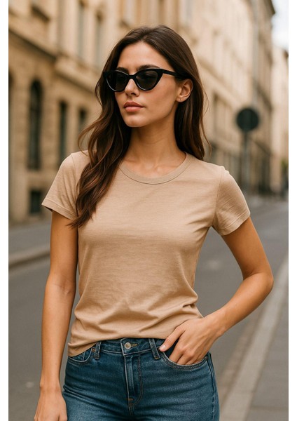 Kadın %100 Organik Pamuklu Relaxed Yıkamalı T-Shirt Bisiklet Yaka Kısa Kollu Kadın Basic Tişört