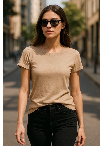 Kadın %100 Organik Pamuklu Relaxed Yıkamalı T-Shirt Bisiklet Yaka Kısa Kollu Kadın Basic Tişört fırsatları