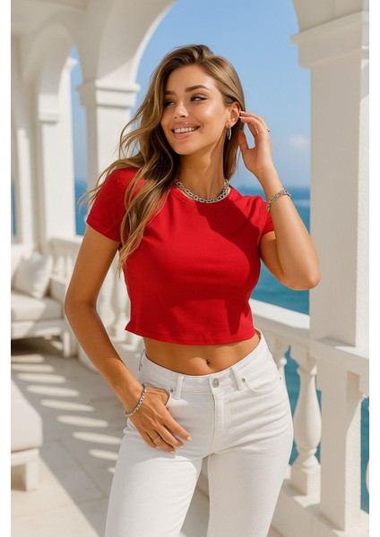 Kadın Kırmızı Kısa Kollu Oversize Crop - Pamuklu Basic Bisiklet Yaka T-Shirt