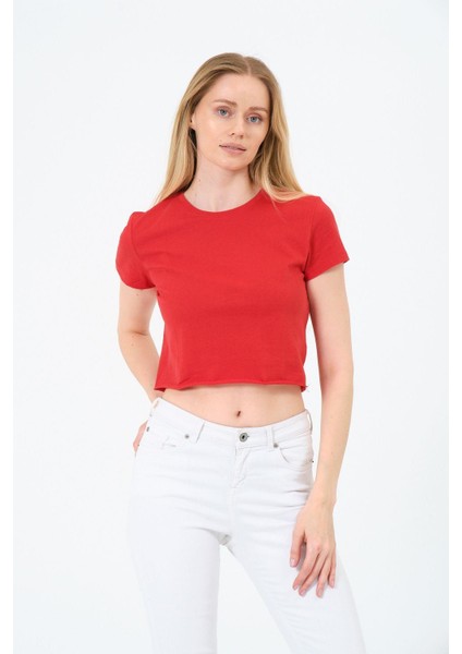 Kadın Kırmızı Kısa Kollu Oversize Crop - Pamuklu Basic Bisiklet Yaka T-Shirt modelleri