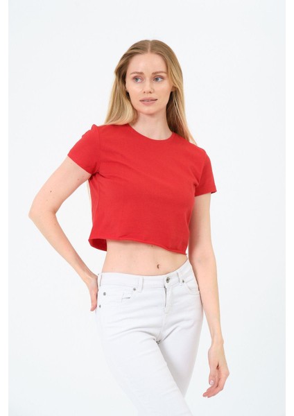 Kadın Kırmızı Kısa Kollu Oversize Crop - Pamuklu Basic Bisiklet Yaka T-Shirt fırsatları
