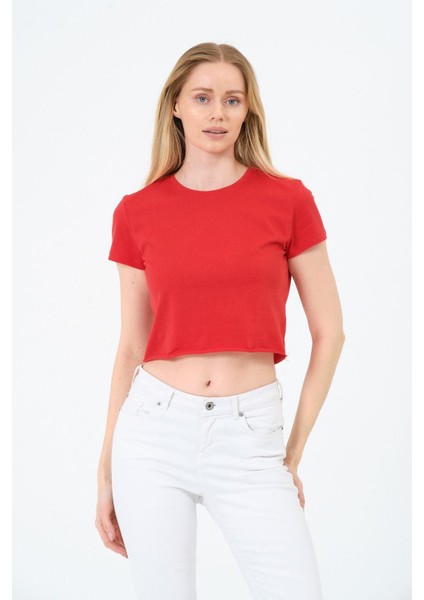 Kadın Kırmızı Kısa Kollu Oversize Crop - Pamuklu Basic Bisiklet Yaka T-Shirt indirimleri