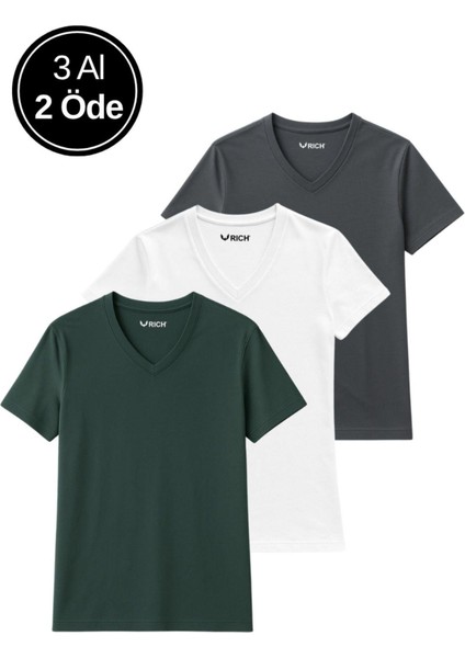 Kadın 3'lü Paket Antrasit-Beyaz-Haki Oversize Tişört %100 Pamuk V Yaka T-Shirt