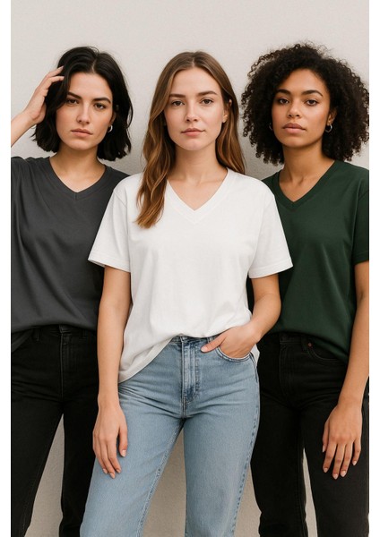 Kadın 3'lü Paket Antrasit-Beyaz-Haki Oversize Tişört %100 Pamuk V Yaka T-Shirt fiyatları