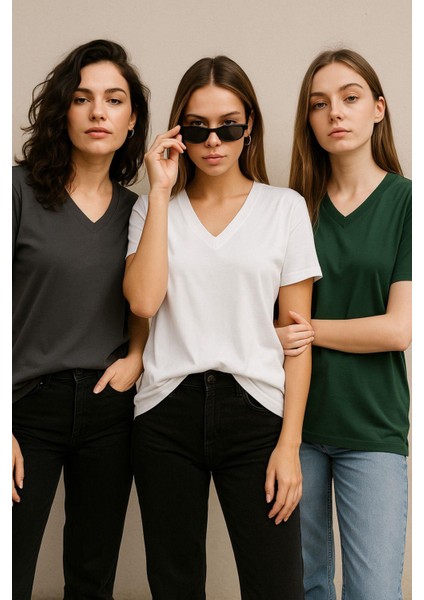 Kadın 3'lü Paket Antrasit-Beyaz-Haki Oversize Tişört %100 Pamuk V Yaka T-Shirt modelleri