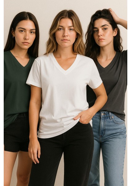 Kadın 3'lü Paket Antrasit-Beyaz-Haki Oversize Tişört %100 Pamuk V Yaka T-Shirt fırsatları