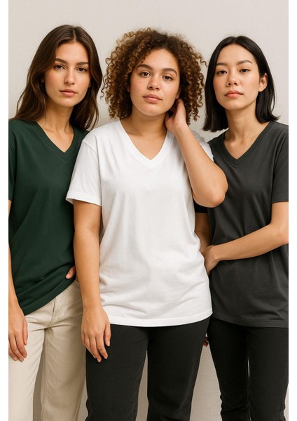 Kadın 3'lü Paket Antrasit-Beyaz-Haki Oversize Tişört %100 Pamuk V Yaka T-Shirt indirimleri