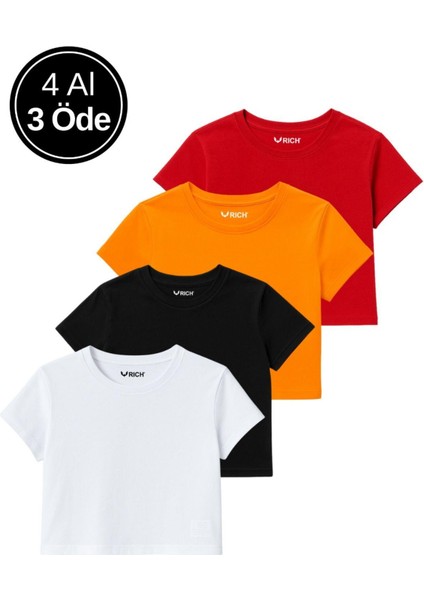 Kadın 4'lü Paket Oversize Crop Tişört %100 Pamuk Bisiklet Yaka T-Shirt