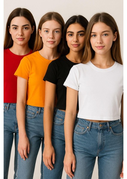 Kadın 4'lü Paket Oversize Crop Tişört %100 Pamuk Bisiklet Yaka T-Shirt fiyatları