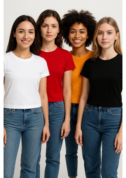 Kadın 4'lü Paket Oversize Crop Tişört %100 Pamuk Bisiklet Yaka T-Shirt modelleri