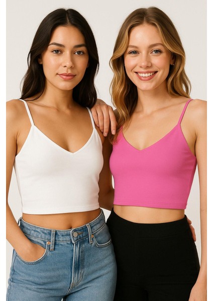 Kadın 2'li Paket Pembe Beyaz Kısa Crop Ip Askılı V Yaka Krop Bluz Büstiyer