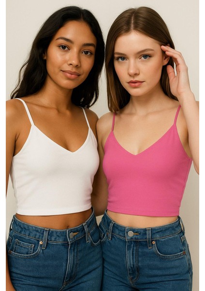 Kadın 2'li Paket Pembe Beyaz Kısa Crop Ip Askılı V Yaka Krop Bluz Büstiyer fiyatları