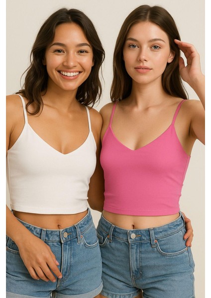 Kadın 2'li Paket Pembe Beyaz Kısa Crop Ip Askılı V Yaka Krop Bluz Büstiyer modelleri