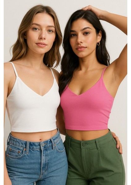 Kadın 2'li Paket Pembe Beyaz Kısa Crop Ip Askılı V Yaka Krop Bluz Büstiyer fırsatları