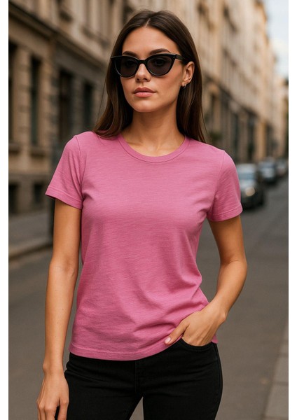 Kadın %100 Organik Pamuklu Relaxed Yıkamalı T-Shirt Bisiklet Yaka Kısa Kollu Kadın Basic Tişört