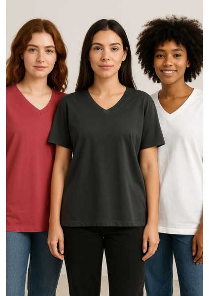 Kadın 3'lü Paket Antrasit-Beyaz-Pembe Oversize Tişört %100 Pamuk V Yaka T-Shirt fiyatları