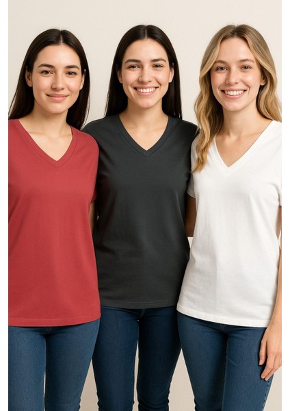 Kadın 3'lü Paket Antrasit-Beyaz-Pembe Oversize Tişört %100 Pamuk V Yaka T-Shirt modelleri