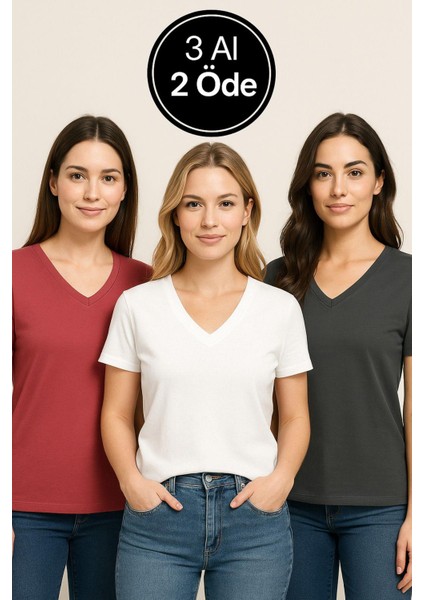 Kadın 3'lü Paket Antrasit-Beyaz-Pembe Oversize Tişört %100 Pamuk V Yaka T-Shirt fırsatları